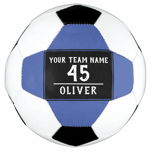 Soccer Ball Blue Black with Team Name Number - Soccer Ball Blue Black with Team Name Number of the player. Personalizable soccer ball with the team name, team number and player`s name. You can easily personalize the ball. The text is in trendy white color on a black background. Great for a soccer player, soccer lover, as a gift or a keepsake ball.