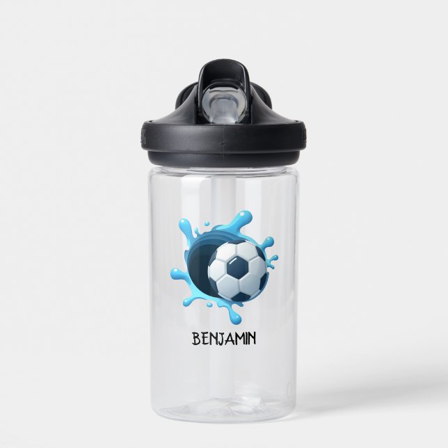 Soccer Ball Blue Personalized Name Water Bottle (Front)