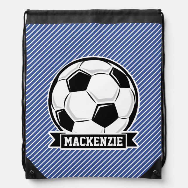 Soccer Ball, Blue & White Stripes, Sports Drawstring Bag (Front)