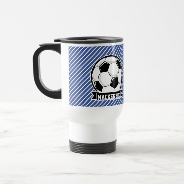 Soccer Ball, Blue & White Stripes, Sports Travel Mug (Left)