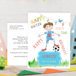 Soccer ball boy birthday virtual party colorful invitation postcard<br><div class="desc">Soccer / football little boy birthday real or virtual party invitation postcard featuring a funny kid character dressed in sports outfit with the age number on the t-shirt.                Easy to personalize with your details on both sides!</div>