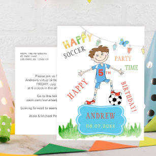 Soccer ball boy birthday virtual party colorful invitation postcard