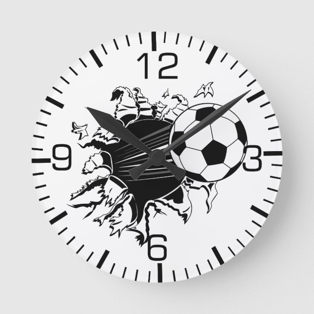 Soccer Ball Busting Out Round Clock (Front)
