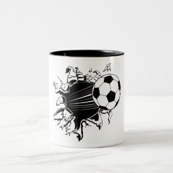 Soccer Ball Busting Out Two-tone Coffee Mug by ironydesigns at Zazzle