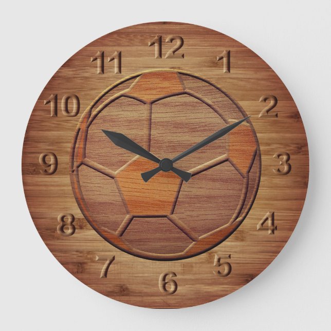 Soccer Ball Carved In Wood Print Large Clock (Front)