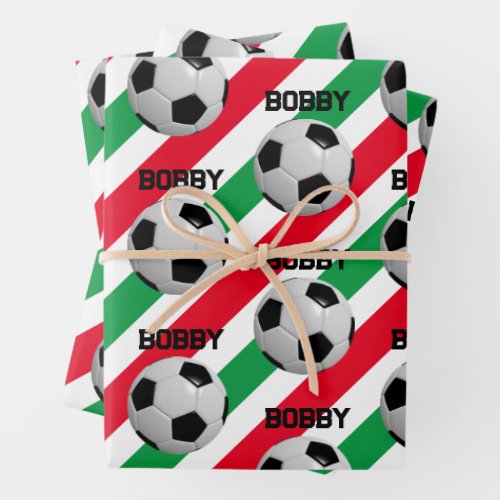 Soccer Ball Christmas Add Name 3 Kids Wrapping Paper Sheets