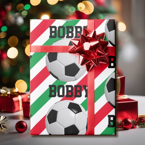 Soccer Ball Christmas Add Name Stripe Red n Green Wrapping Paper
