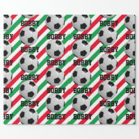 Soccer Football Balls Kids Name Red Christmas Wrapping Paper