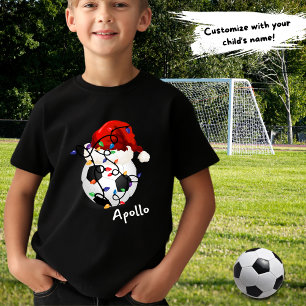 Soccer Ball Christmas Lights Santa Hat Childs Name T-Shirt