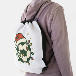 Soccer Ball Christmas Lights Santa Hat Funny  Drawstring Bag