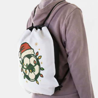 Soccer Ball Christmas Lights Santa Hat Funny Drawstring Bag