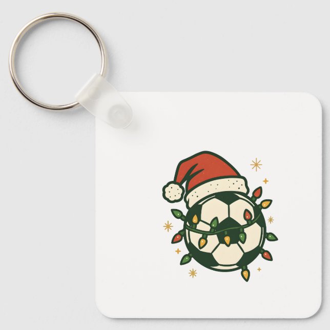 Soccer Ball Christmas Lights Santa Hat Funny  Keychain (Front)