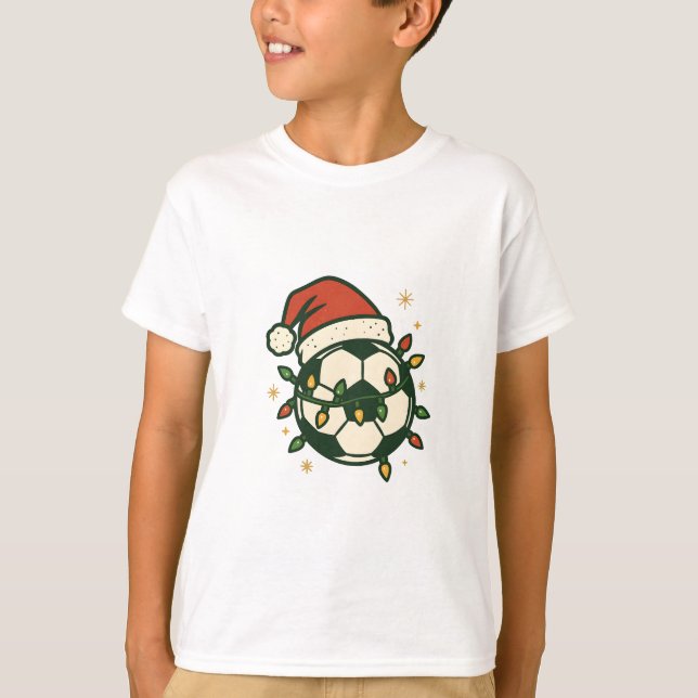 Soccer Ball Christmas Lights Santa Hat Funny  T-Shirt (Front)