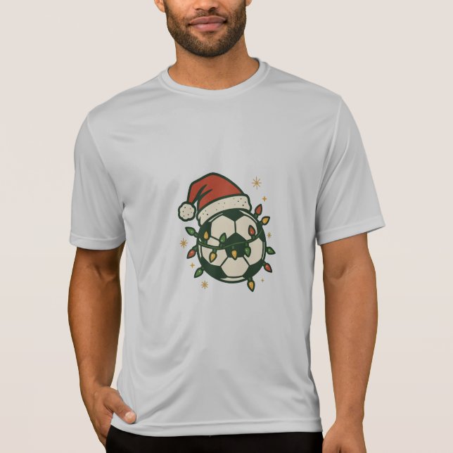 Soccer Ball Christmas Lights Santa Hat Funny  T-Shirt (Front)