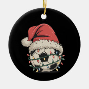 Soccer Ball Christmas Santa Hat Xmas Sports Ceramic Ornament