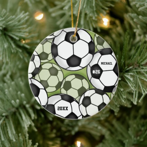 Soccer Ball Colorful Kids Name Jersey Number Year Ceramic Ornament