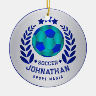 Soccer Ball Crest Bright Blue Sport Fan Gifts Ceramic Ornament