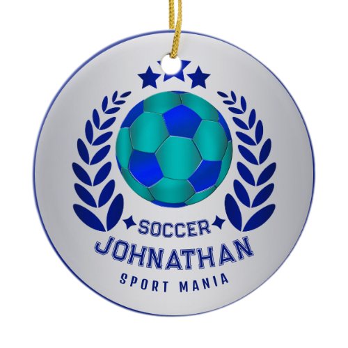 Soccer Ball Crest | Bright Blue Sport Fan Gifts  Ceramic Ornament