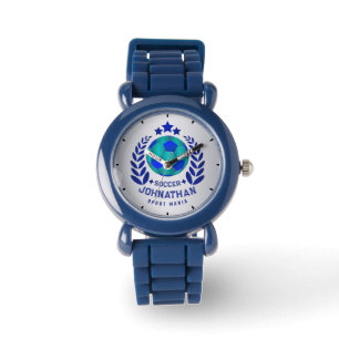 Soccer Ball Crest Bright Blue Sport Fan Gifts Watch