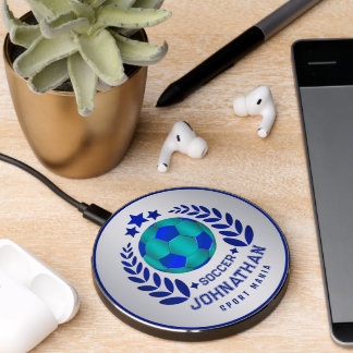 Soccer Ball Crest | Bright Blue Sport Fan Gifts Wireless Charger