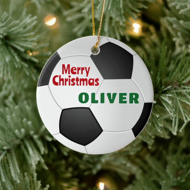 Soccer Ball Custom Name Merry Christmas  Ceramic Ornament (Tree)