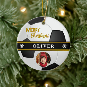 Soccer Ball Custom Name Merry Christmas Photo Ceramic Ornament