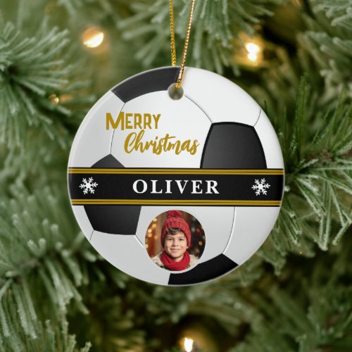 Soccer Ball Custom Name Merry Christmas Photo Ceramic Ornament