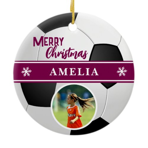 Soccer Ball Custom Name Merry Christmas Photo Ceramic Ornament