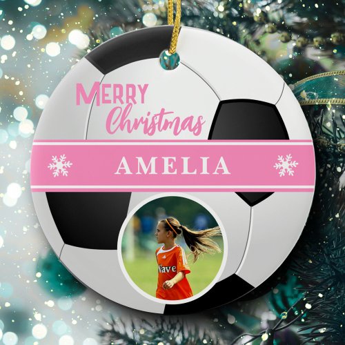 Soccer Ball Custom Name Merry Christmas Photo Ceramic Ornament