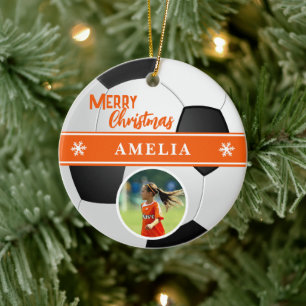 Soccer Ball Custom Name Merry Christmas Photo Ceramic Ornament