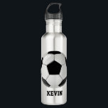 Soccer Ball Custom Water Bottle<br><div class="desc">Great looking Liberty water bottle,  done in gray.  Graphics of a black and white soccer ball decorates the front.  Black text,  under the ball,  is ready to personalize to read anything you want.  Great for anytime.</div>