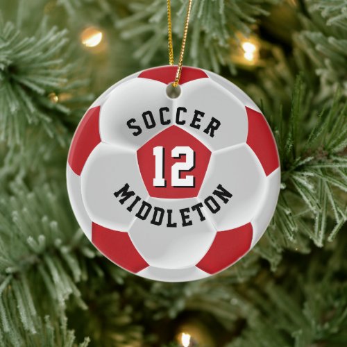 Soccer ⚽ Ball Dark Red and White Ceramic Ornament