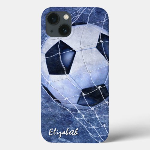 Soccer ball denting the net blue girls soccer iPhone 13 case