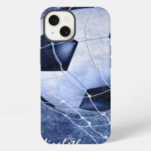 Soccer ball denting the net blue girl's soccer iPhone 13 case