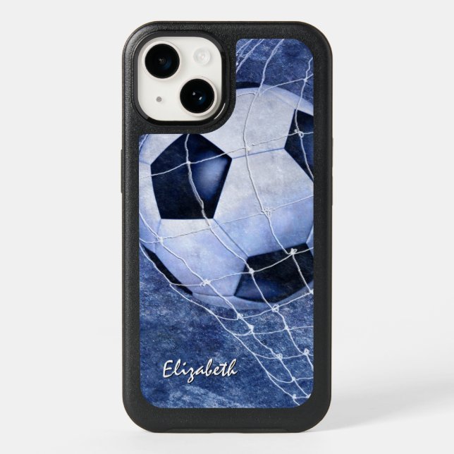 Soccer ball denting the net blue girl's soccer otterbox iPhone case (Back)