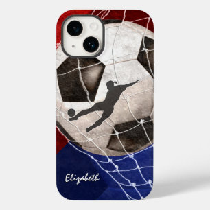 Soccer ball denting the net red blue girl's soccer iPhone 14 case