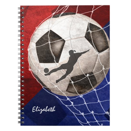 Soccer ball denting the net red blue girl's soccer notebook