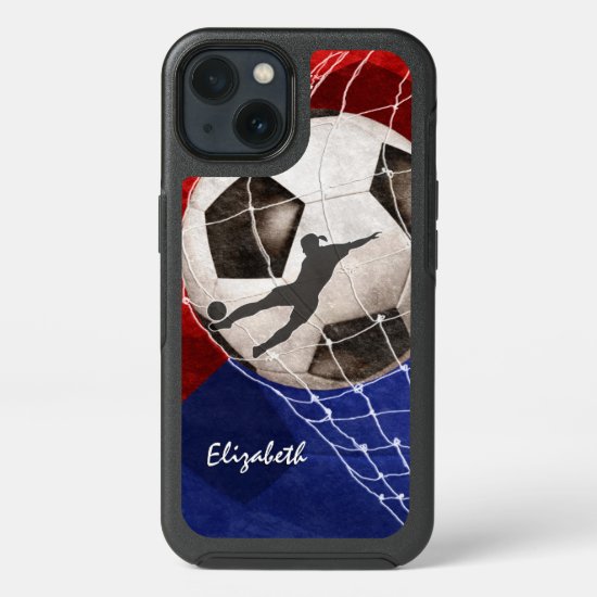 Soccer ball denting the net red blue girl's soccer OtterBox iPhone case