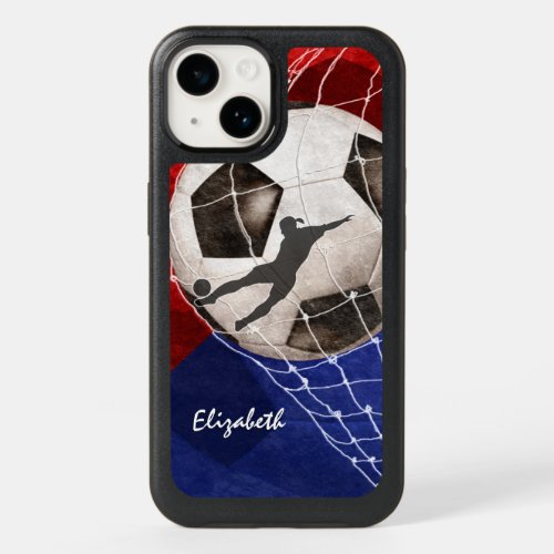 Soccer ball denting the net red blue girls soccer OtterBox iPhone 14 case