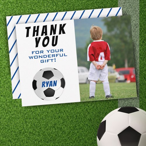 Soccer Ball Football Blue Kids Photo Birthday Thank You Card