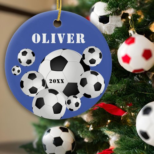 Soccer Ball Football Blue Sports Kids Keepsake Ceramic Ornament