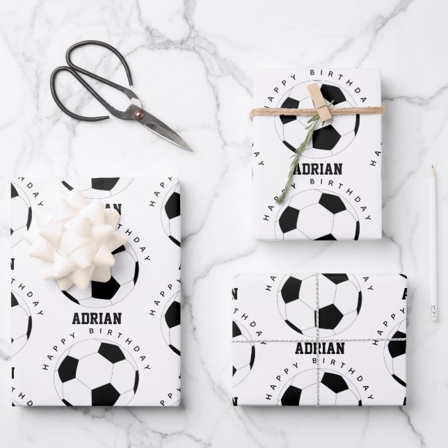 Soccer Ball Football Personalized Name Birthday Wrapping Paper Sheets (Front)