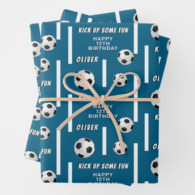 Soccer Ball Football Sports Kids Birthday Party Wrapping Paper Sheets (In situ)