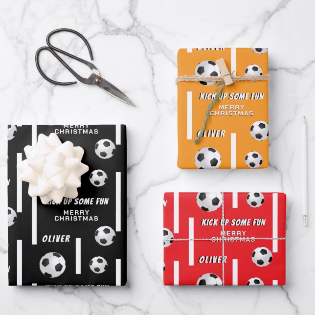 Soccer Ball Football Sports Kids Merry Christmas Wrapping Paper Sheets (Front)