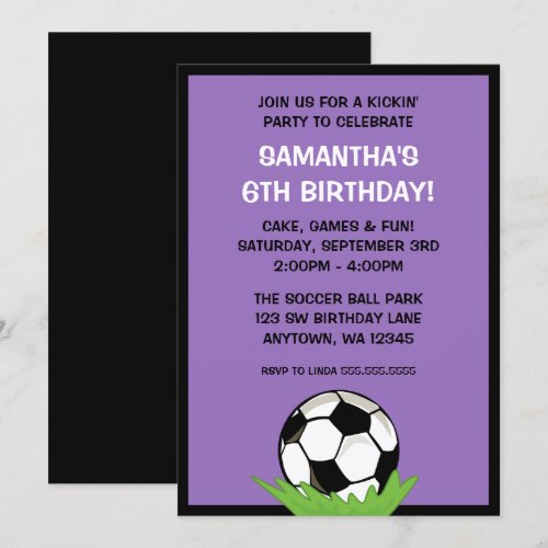 Soccer Ball Girl Purple Birthday Party Announcements