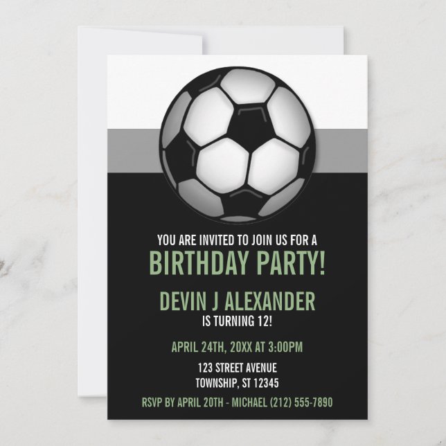 Soccer Ball Green & Black Birthday Invitations (Front)