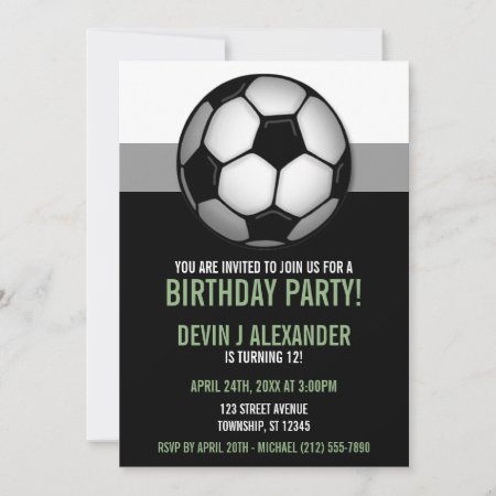 Soccer Ball Green & Black Birthday Invitations
