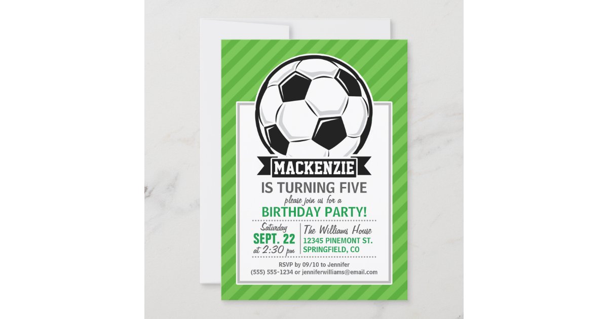 Soccer Ball; Green Stripes Invitation | Zazzle