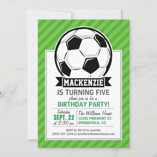 Soccer Ball; Green Stripes Invitation (Front)