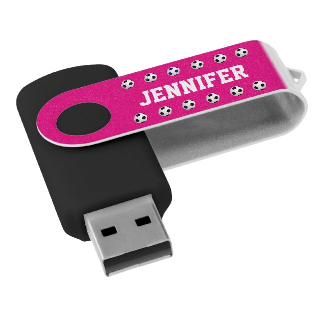 Soccer Ball Hot Pink and Black, Name, USB Flash Drive (Angled)